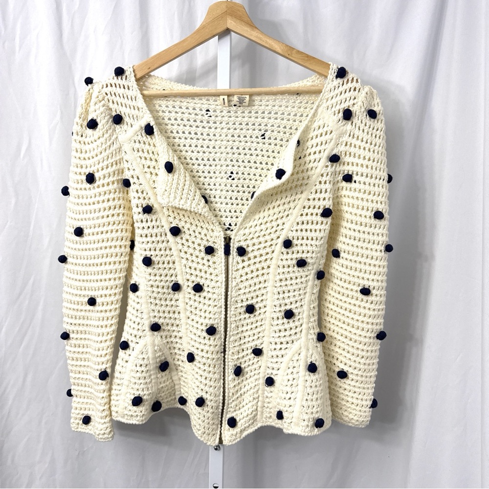 Moth by Anthropologie Women's Cream and Blue Pom Pom Sweater Cardigan